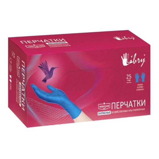 Перчатки BENOVY/Libry латексные ультрапрочные HR синие XL (25пар) (10) 18,5г 